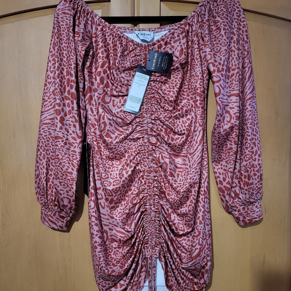 Bebe Leopard/Tiger Print Ruched Mini Dress